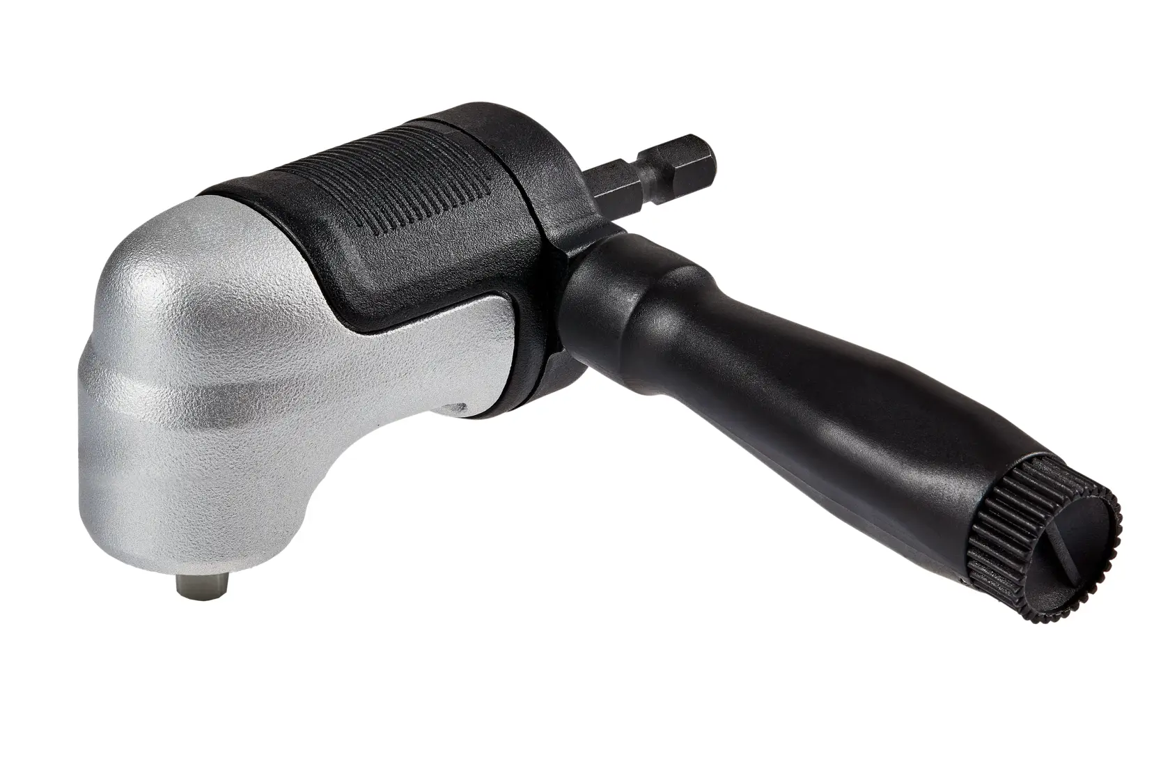 Adaptador de ângulo reto DEWALT com cabo preto e cabeça metálica, mostrado em fundo branco.