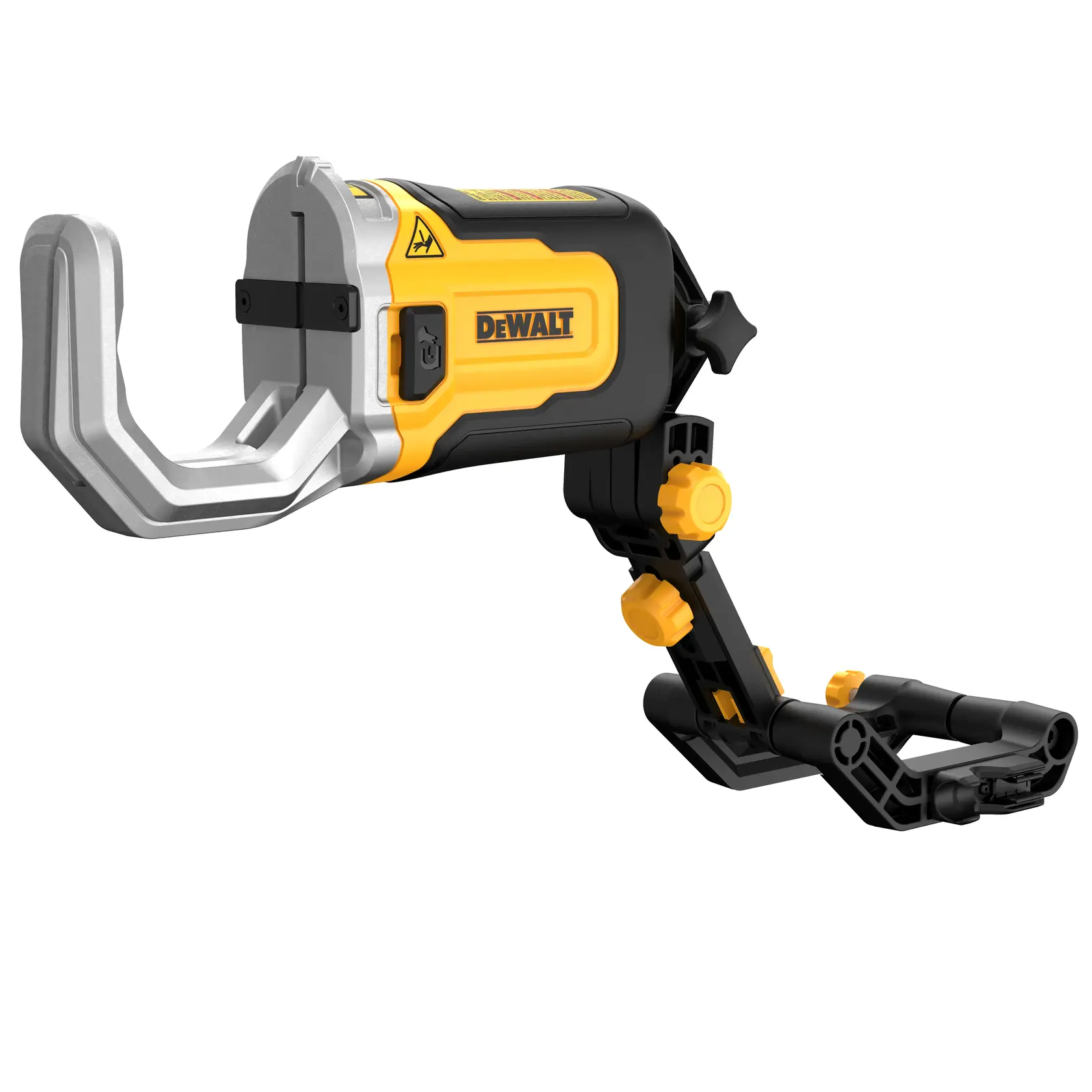 Acessório de fotografia DEWALT DT20560, com um braço de montagem ajustável amarelo e preto e uma grande braçadeira metálica, projetado para segurar objetos com segurança durante tarefas fotográficas.
