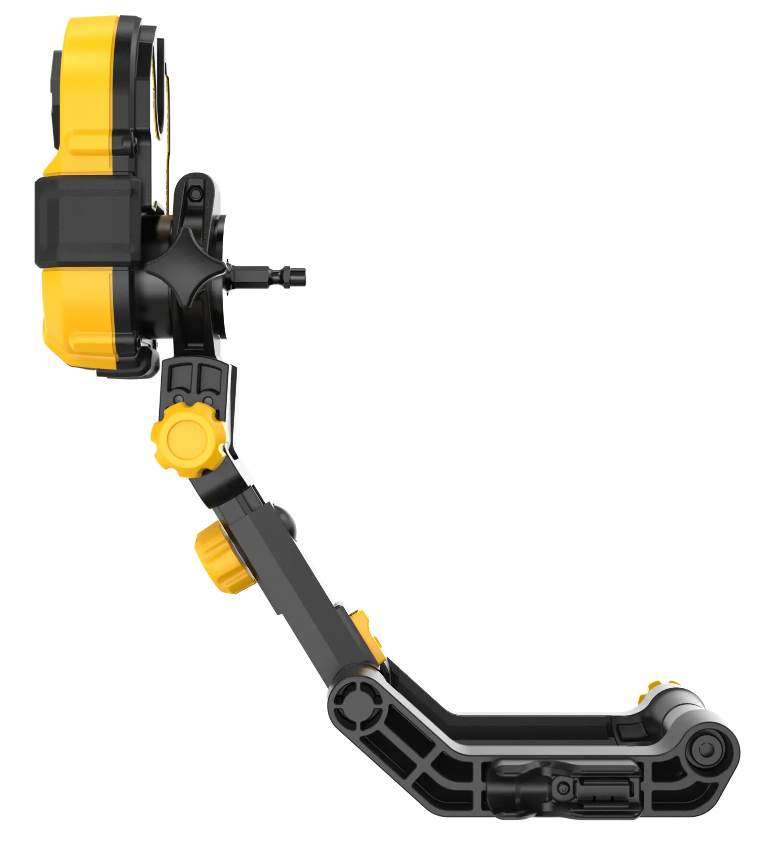Vista lateral de um suporte de montagem ajustável DEWALT DT20562 nas cores preto e amarelo, projetado para segurar com segurança câmeras ou ferramentas, com vários botões e articulações para posicionamento flexível.