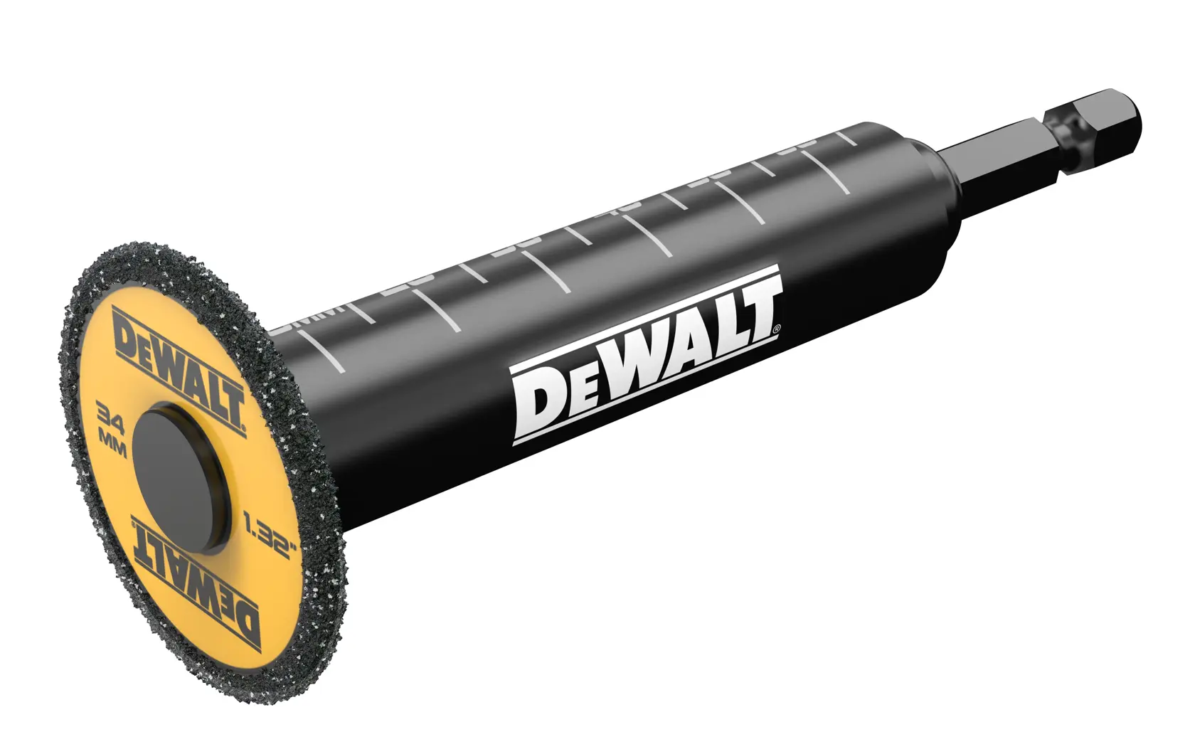 Disco de corte DEWALT DT20563 com cabo preto, disco amarelo e preto com marcações de medidas, projetado para tarefas de corte de precisão.