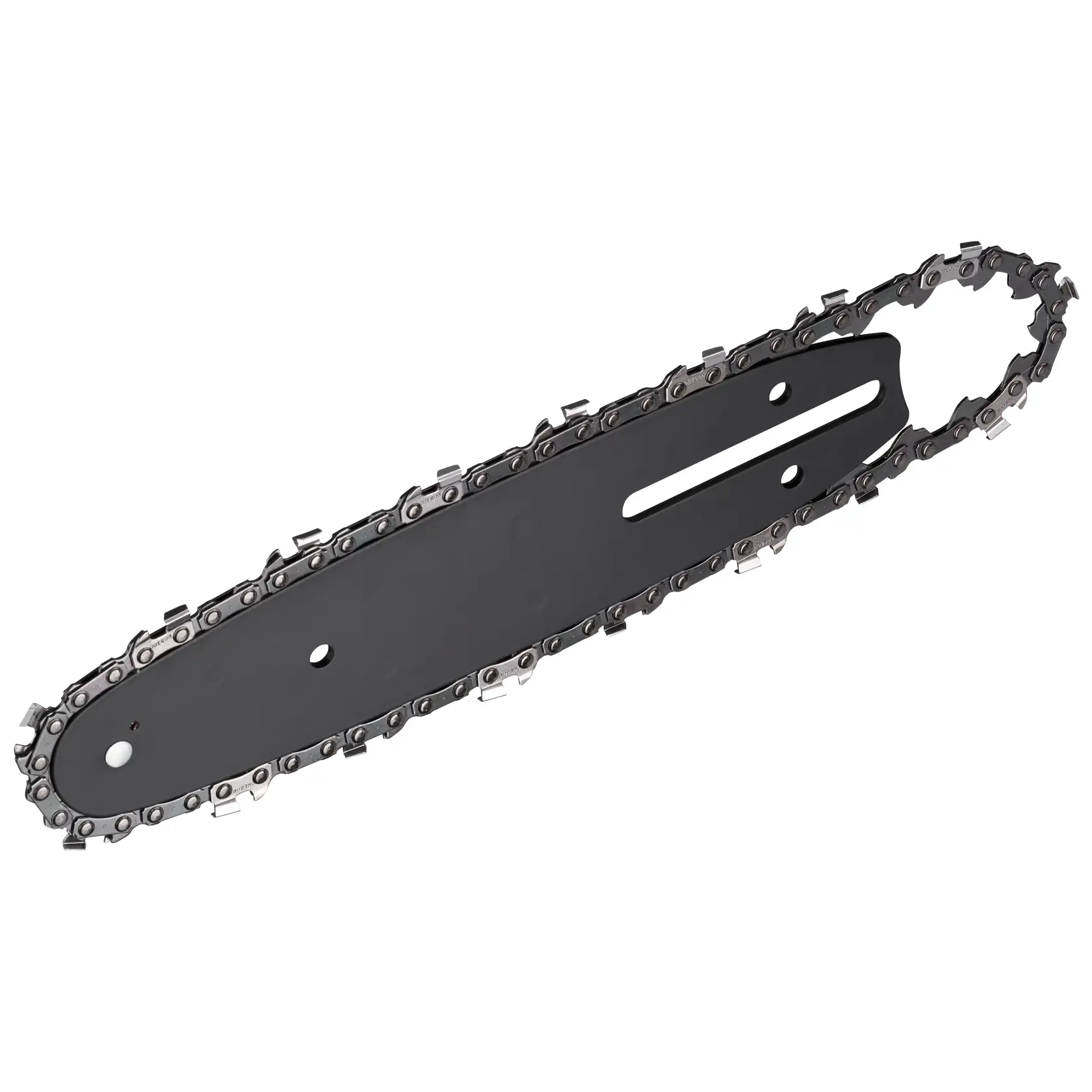 Imagen en primer plano de una barra de motosierra DEWALT con cadena acoplada, mostrada sobre fondo blanco.