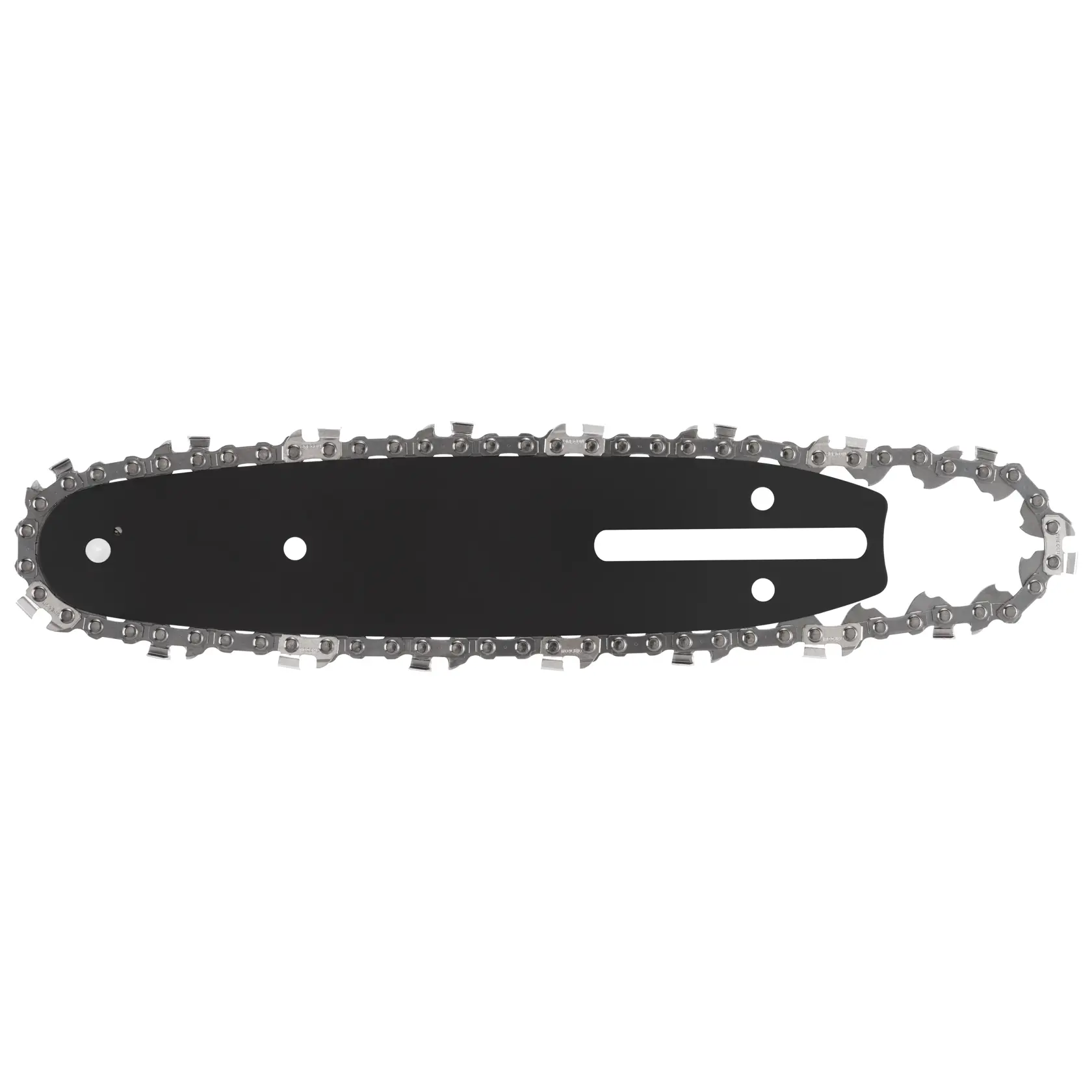 Un conjunto de espada y cadena de repuesto para motosierra DEWALT, mostrado aislado sobre fondo blanco. La espada es negra con orificios de montaje y la cadena metálica está enrollada alrededor de la espada.