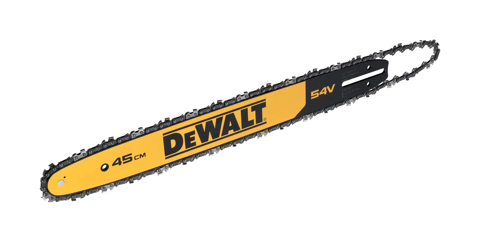 Uma barra de motosserra DEWALT de 45 cm com corrente, nas cores amarela e preta e marcação 54V.