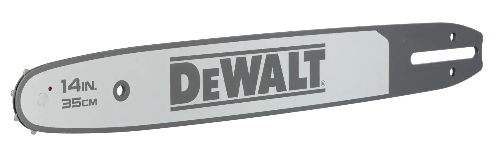 Espada de motosierra DEWALT 14 pulgadas (35cm), gris con logo y detalles.