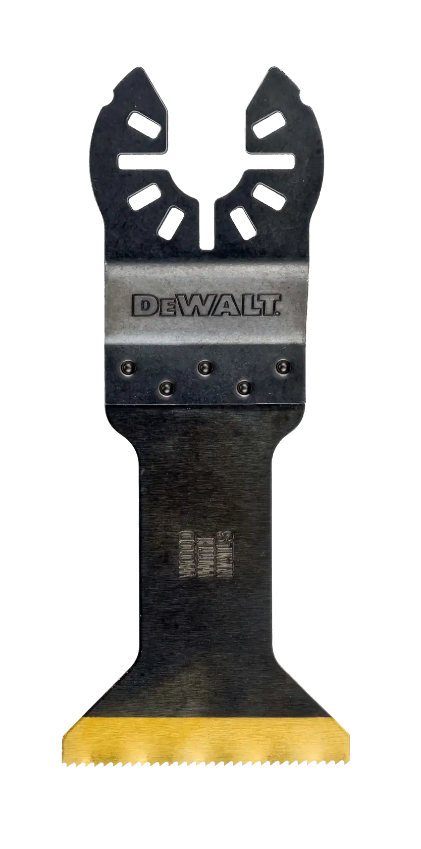 Hoja para herramienta oscilante DEWALT DT20702 para materiales múltiples, con un filo de corte ancho y plano y acabado en negro y plateado. La hoja está diseñada para usar con herramientas eléctricas oscilantes.