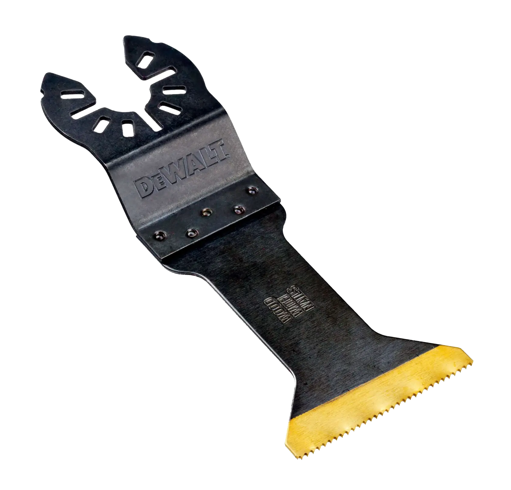 Una hoja de herramienta oscilante multifunción DEWALT con borde de corte plano y ancho, dientes dentados y extremo de montaje universal.
