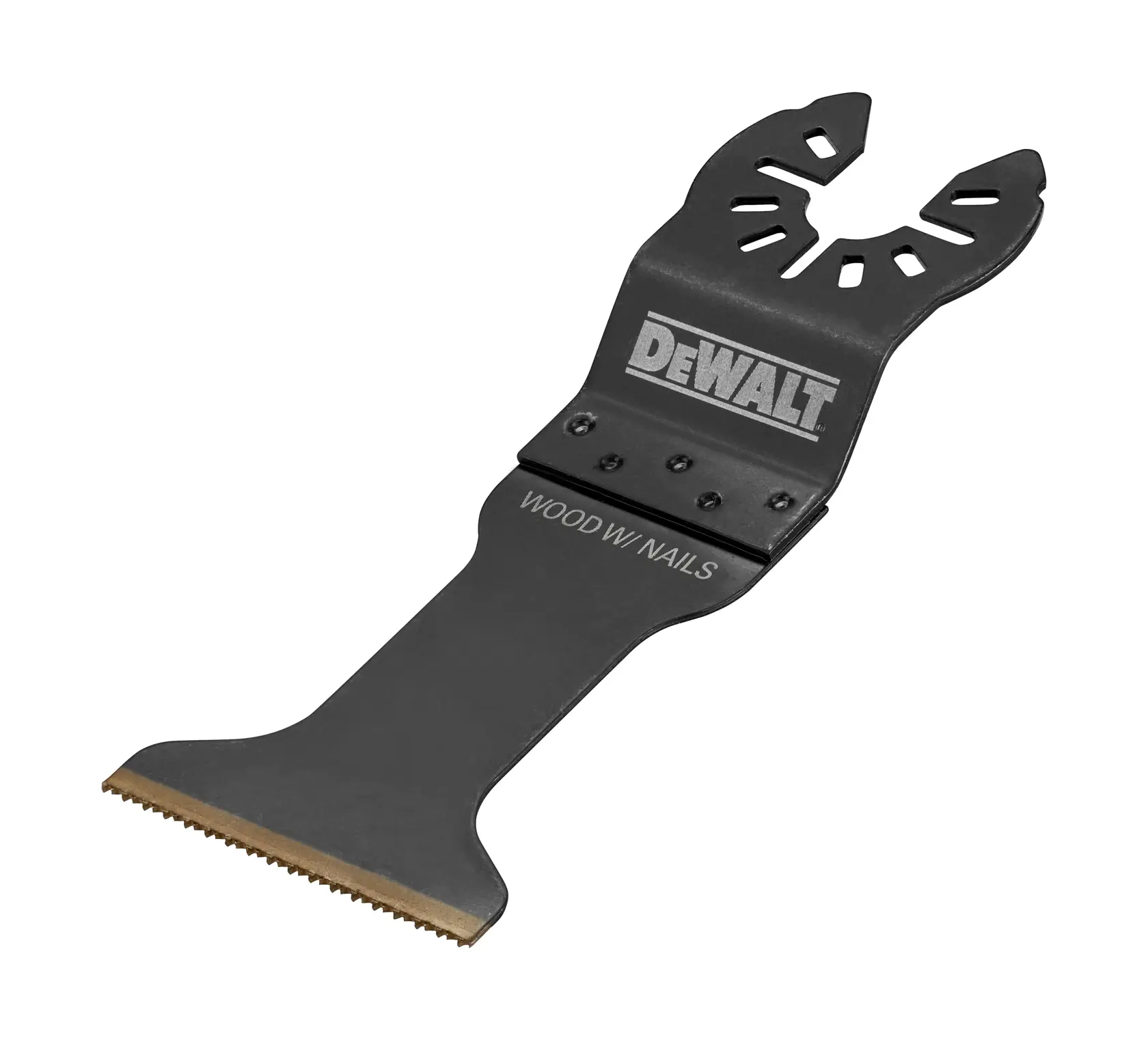 Hoja multitool DEWALT para cortar madera con clavos, mostrada sobre fondo blanco.