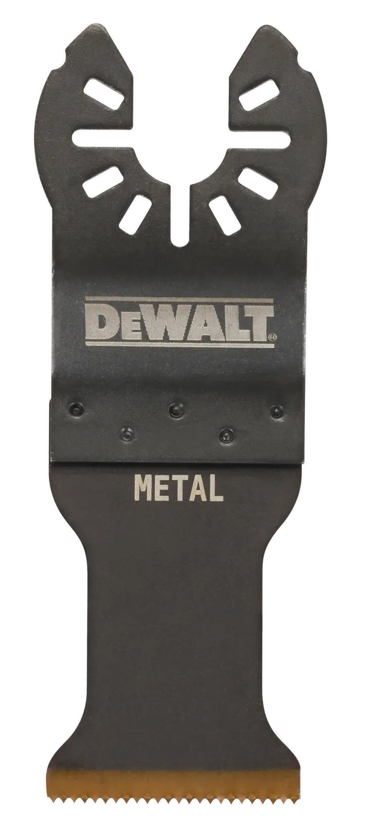 Lâmina para ferramenta oscilante multifuncional DEWALT para cortar metal, preta com as palavras 'DEWALT' e 'METAL' impressas na frente.
