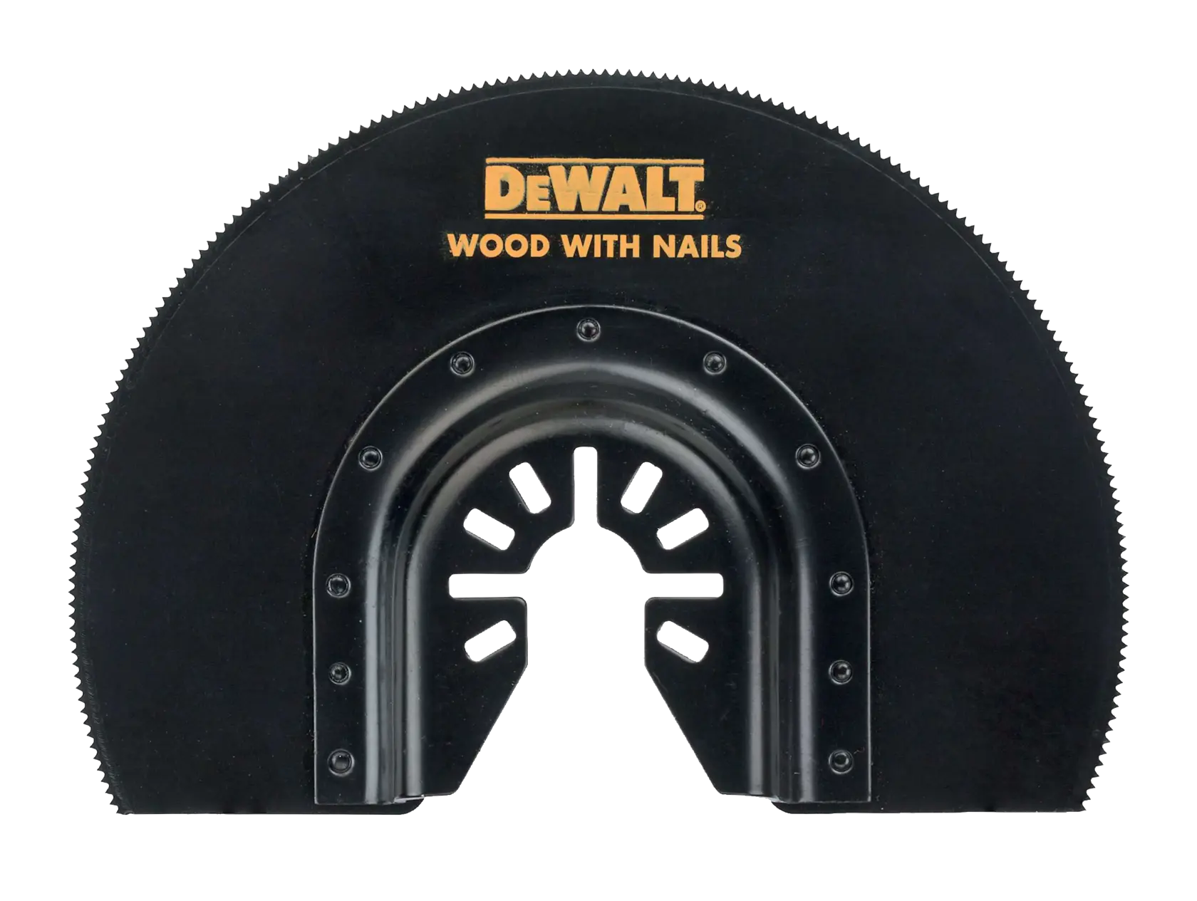 Hoja segmentada DEWALT DT20710 para madera con clavos, negra con orificio de montaje.