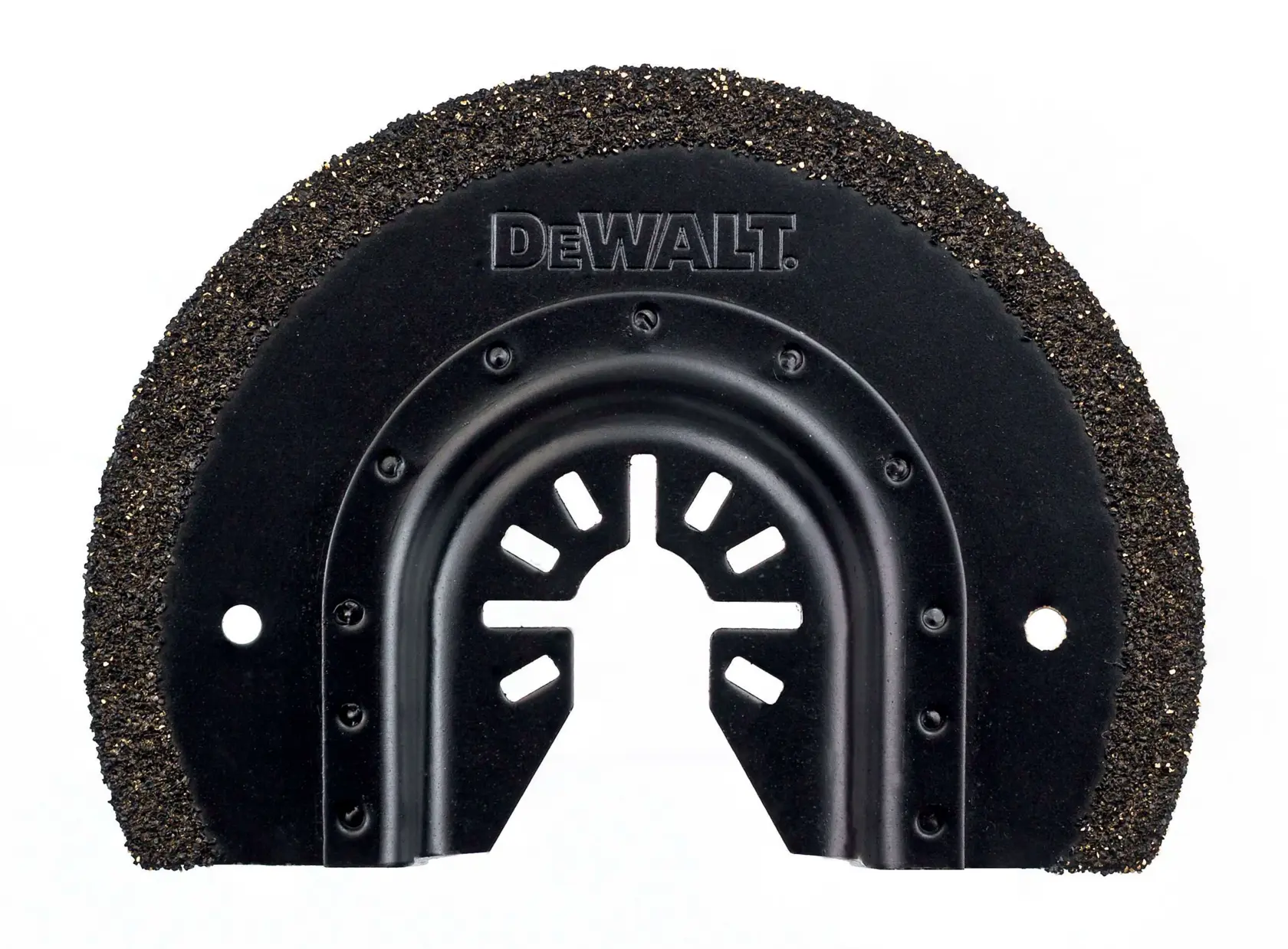 Hoja semicircular de carburo DEWALT para herramientas oscilantes, negra, con borde de grano y recortes.