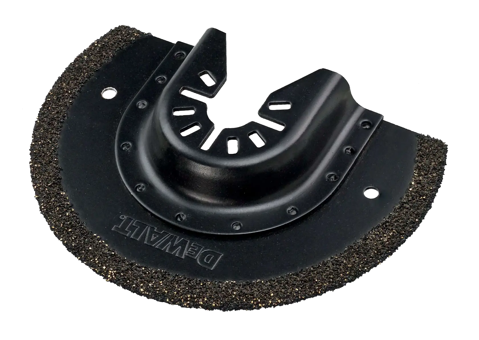 Hoja de sierra semicircular de carburo DEWALT DT20717 para herramientas oscilantes, fondo blanco.