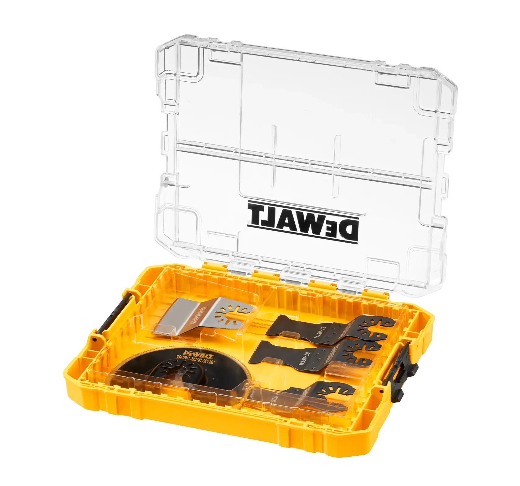 Caja amarilla DEWALT con varias hojas y accesorios bajo tapa transparente.