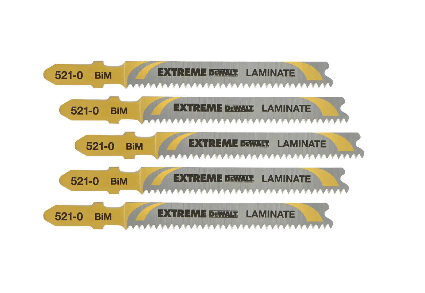 Cinq lames de scie sauteuse DEWALT DT2080 pour stratifié, jaunes et argentées, alignées sur fond blanc.