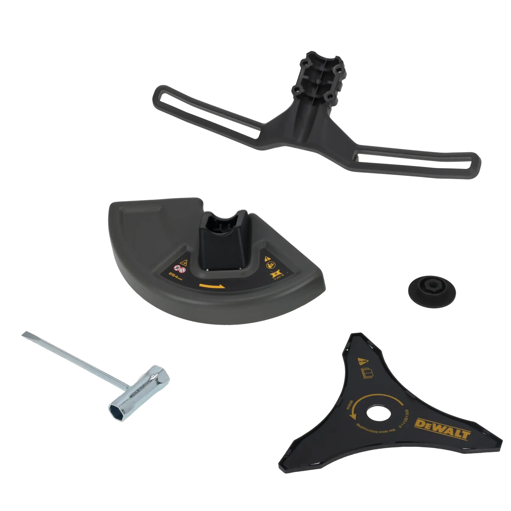 Kit DEWALT fotografía, DT20904-QZ y DT20904, incluye protector, llave, cuchilla y perilla.