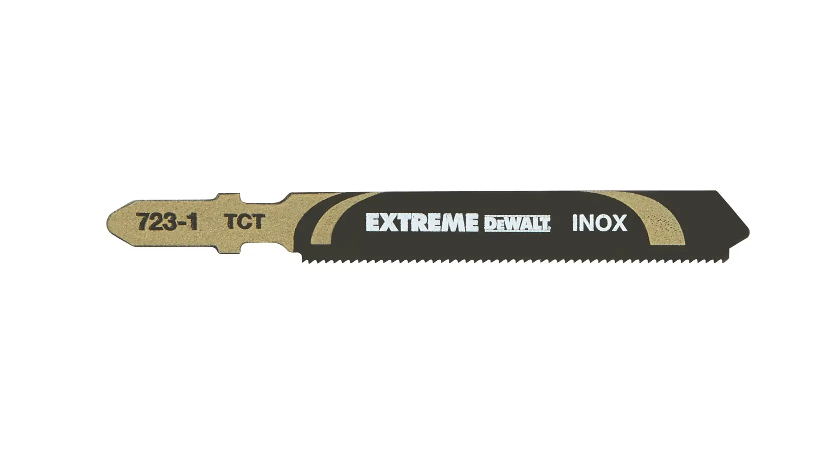 Lâmina de serra tico-tico DEWALT DT2101 Extreme INOX para metal, exibida em fundo branco.