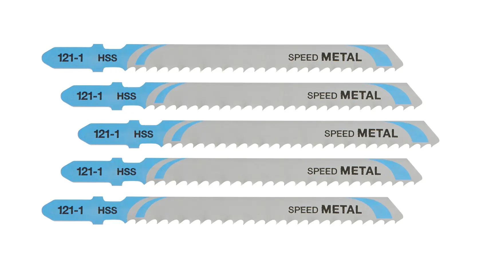 Cinco lâminas DEWALT DT2163 para serra tico-tico, corte de metal, design azul-prateado, HSS, SPEED METAL.