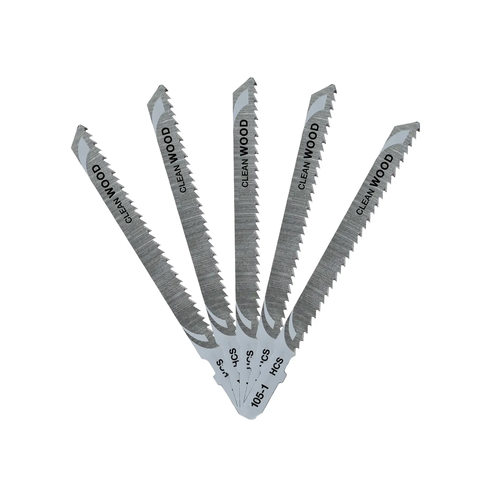 Cinco lâminas de serra tico-tico DEWALT para corte limpo de madeira exibidas em formato de leque, com dentes afiados e marcações do produto visíveis.