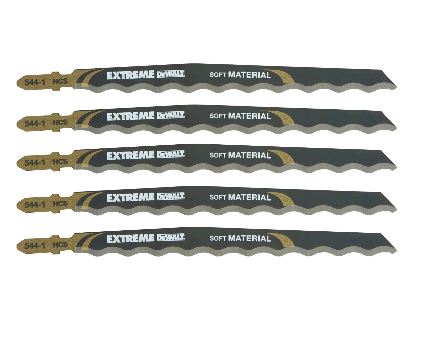 Cinq lames de scie sauteuse DEWALT Extreme pour matériaux tendres, modèle 544-1 HCS, disposées en parallèle sur un fond blanc.