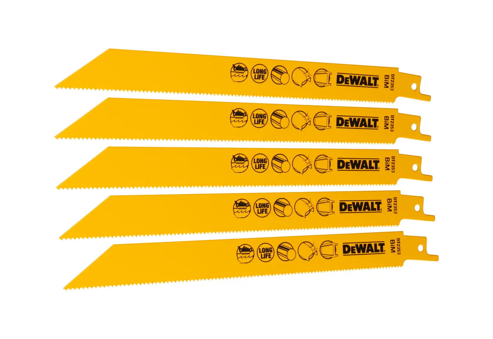 Cinco lâminas amarelas de serra recíproca DEWALT empilhadas, exibindo a marca do produto e ícones de uso impressos em cada lâmina.