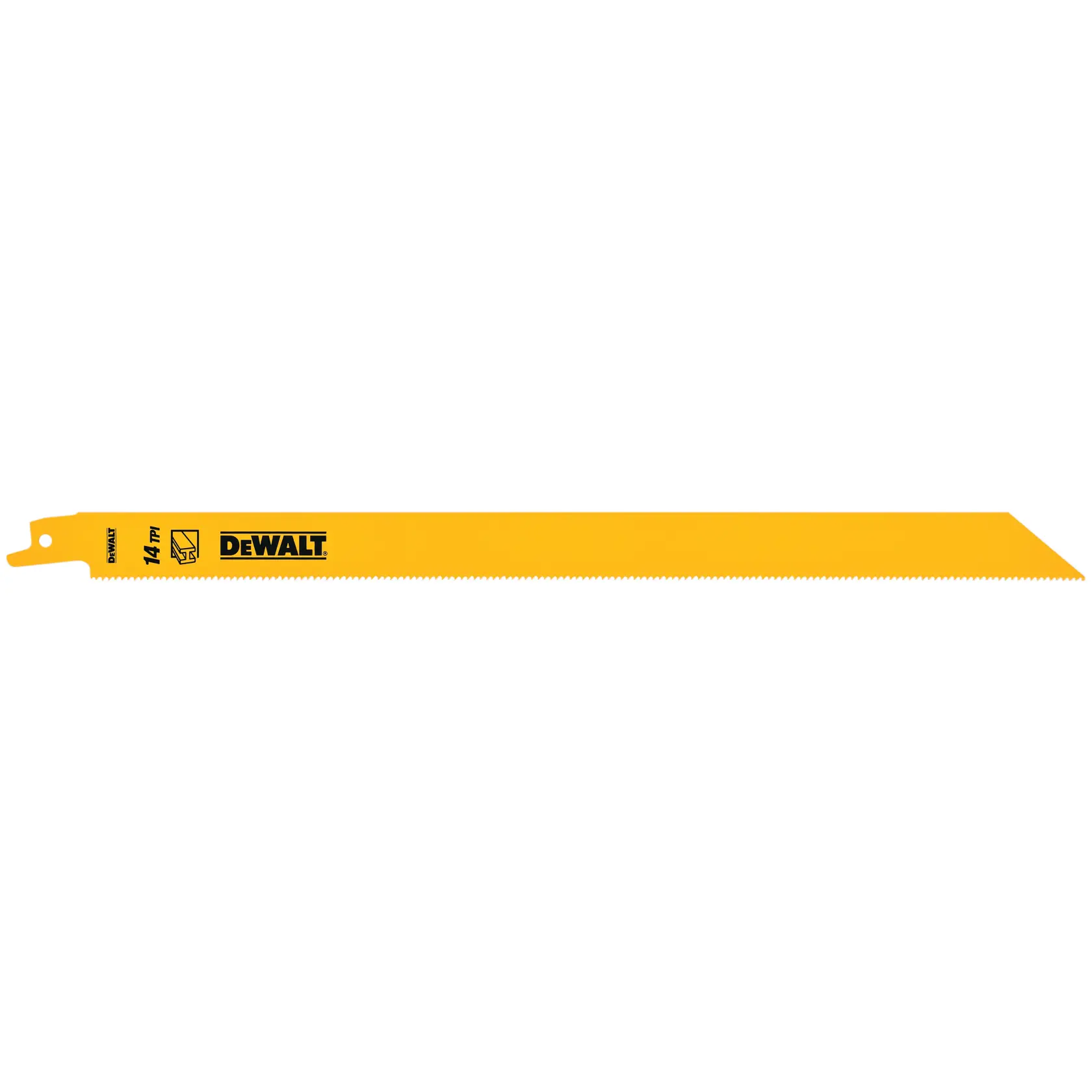 Uma lâmina de serra reciprocante amarela da DEWALT com dentes finos, marcada com 14 TPI, adequada para cortar metal ou outros materiais.