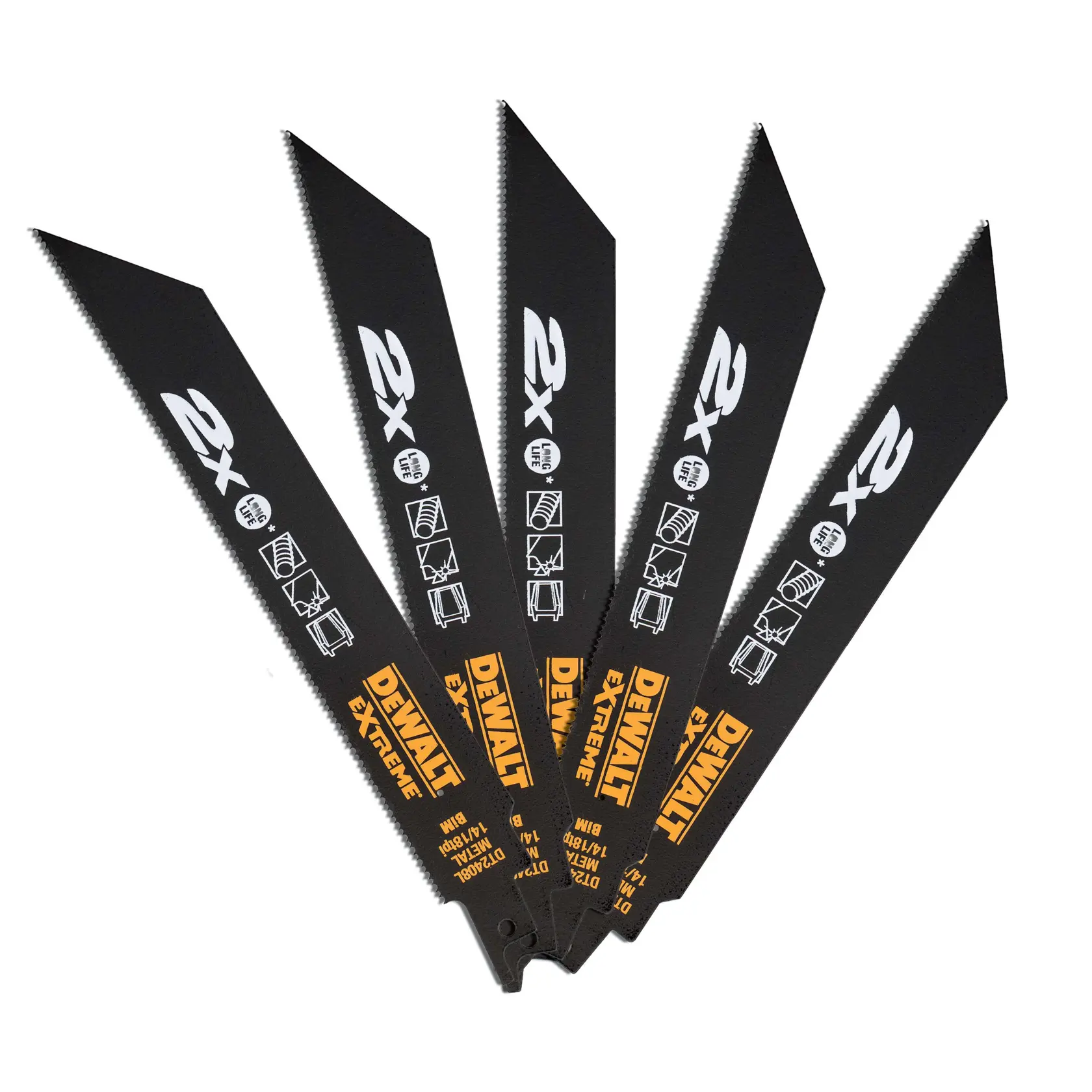 Juego de cinco hojas negras DEWALT DT2408L para sierra recíproca con iconos y texto.
