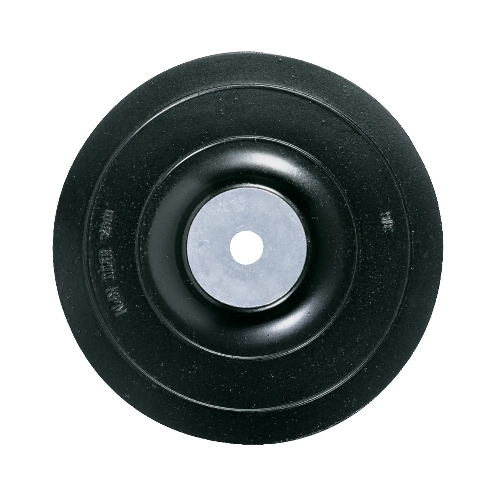 Plato de soporte redondo DEWALT DT3612 para discos abrasivos, negro con agujero metálico central, vista superior.