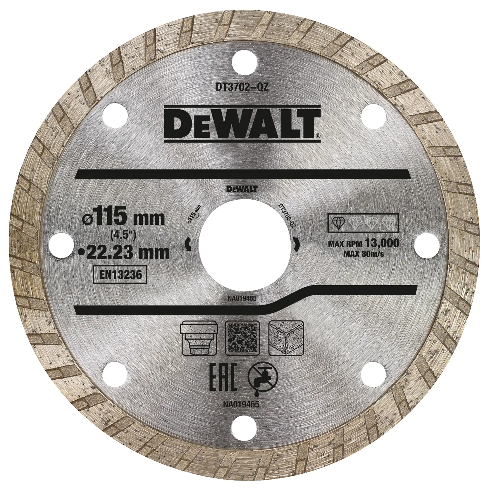Uma lâmina de serra circular DEWALT DT3702 para cortar materiais de construção, exibindo as especificações de diâmetro de 115 mm, furo de 22,23 mm e velocidade máxima de 13.000 RPM. A lâmina apresenta design de borda segmentada e várias marcações padrão.