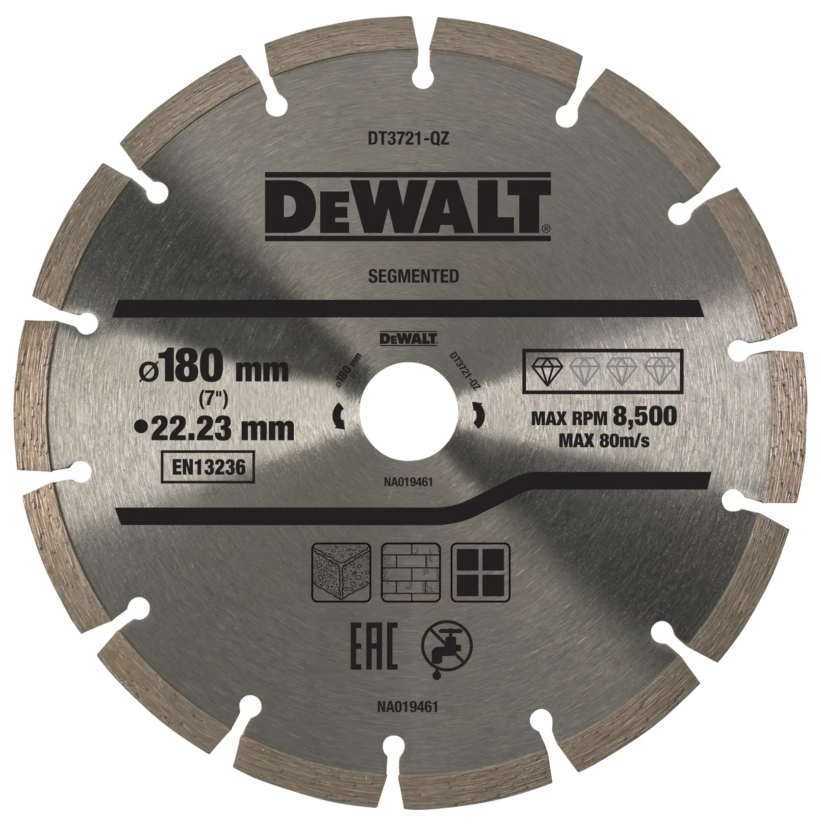 Lame diamantée segmentée DEWALT, 180mm, pour couper pierre, brique ou béton.