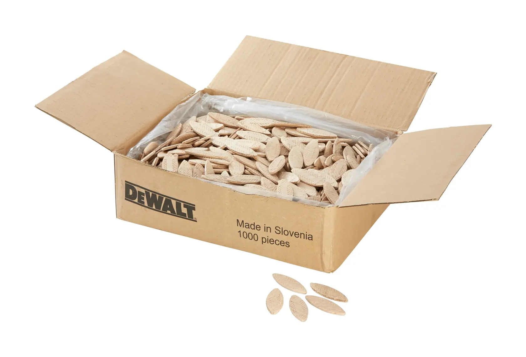 Caixa DEWALT aberta com biscoitos de madeira, escrita 'Made in Slovenia, 1000 pieces', alguns fora.