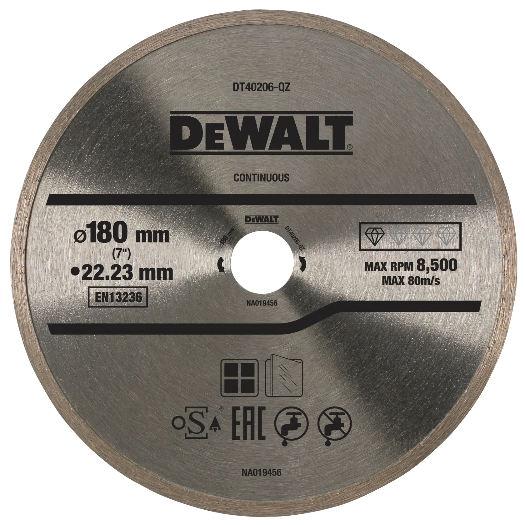 Disco de diamante DEWALT DT40206 180 mm para corte, con especificaciones y símbolos de seguridad.