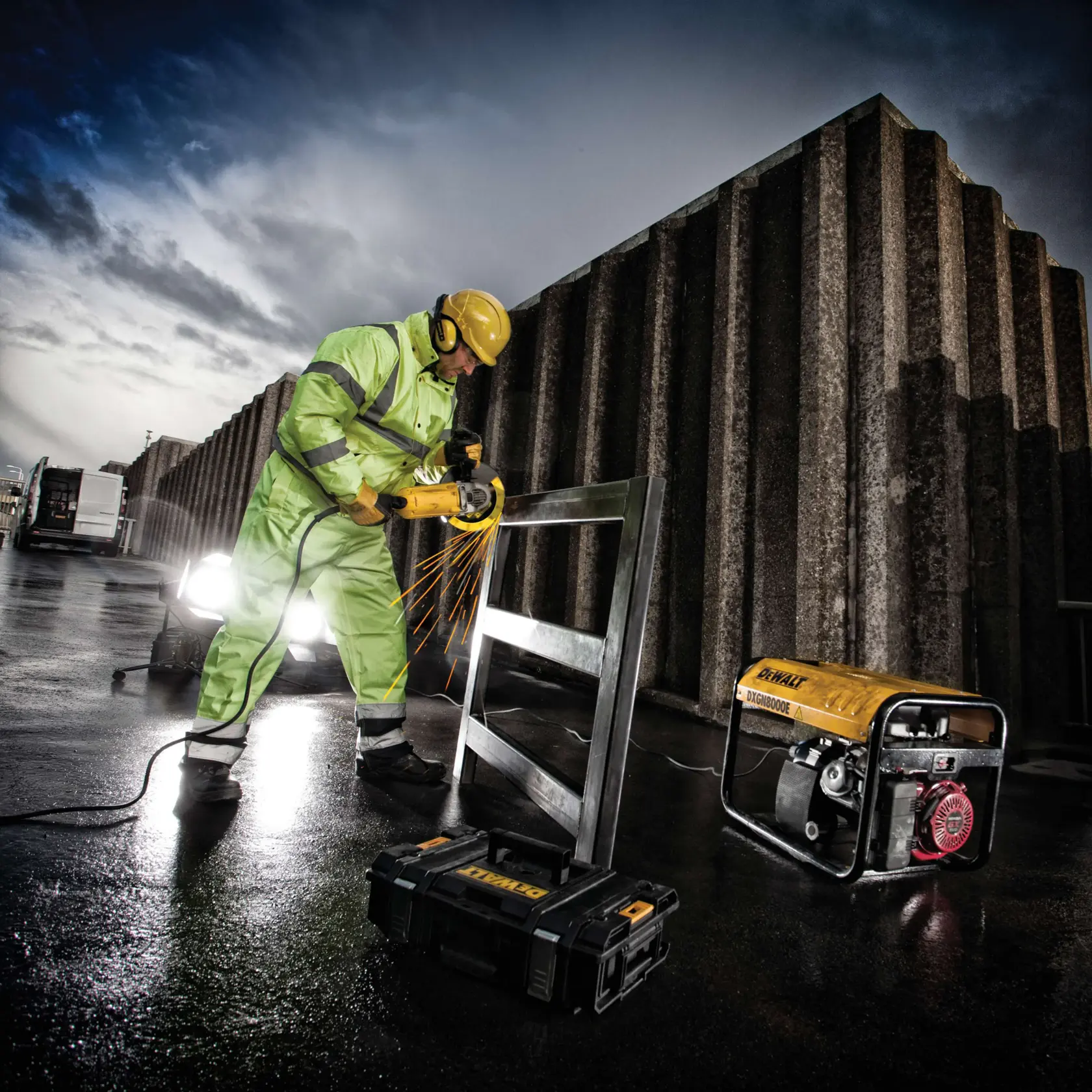 Trabalhador usando esmerilhadora DEWALT em quadro de metal, gerador e maleta DEWALT por perto.