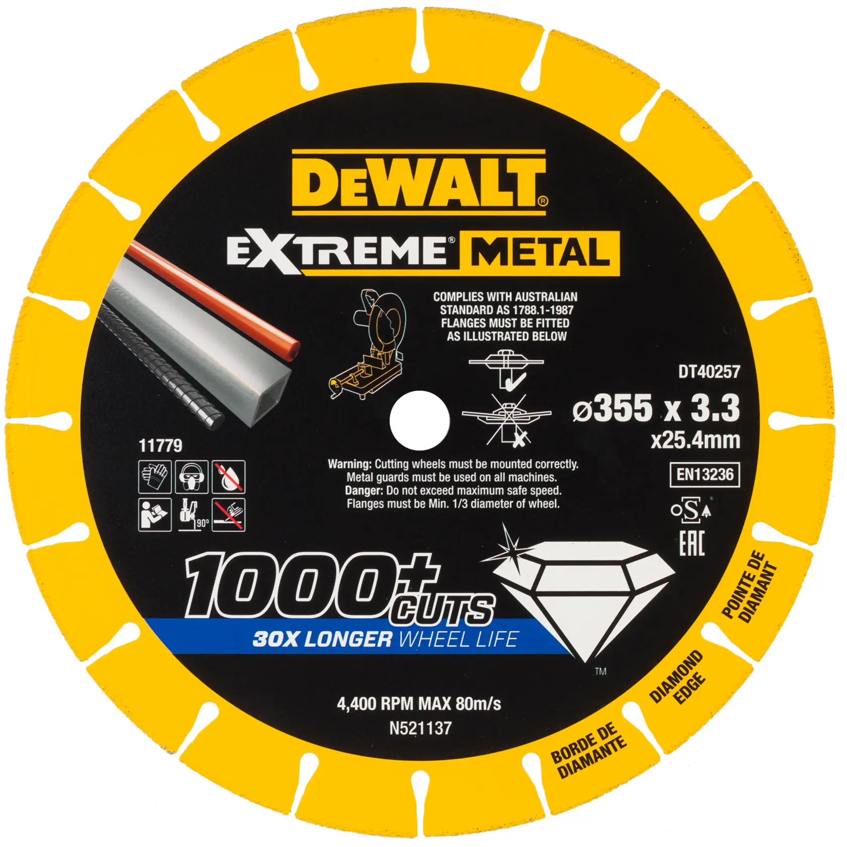 Disco de corte DEWALT DT40257 Extreme Metal, 355mm, borda de diamante para mais de 1000 cortes duradouros.