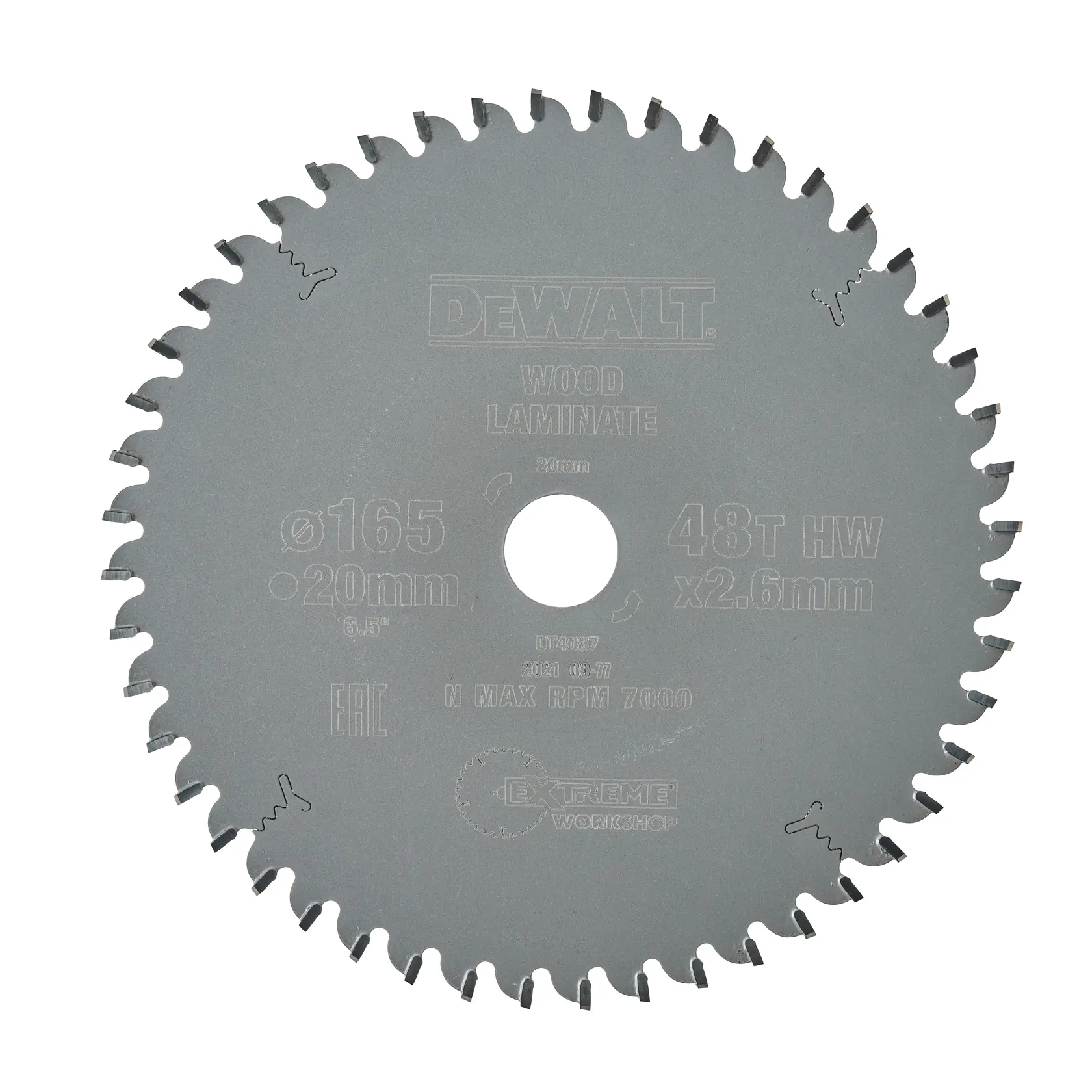 Lâmina de serra circular DEWALT DT4087 para madeira e laminado, diâmetro de 165 mm, 48 dentes, furo de 20 mm, espessura de 2,6 mm, RPM máxima 7000. Lâmina cinza com especificações detalhadas gravadas.