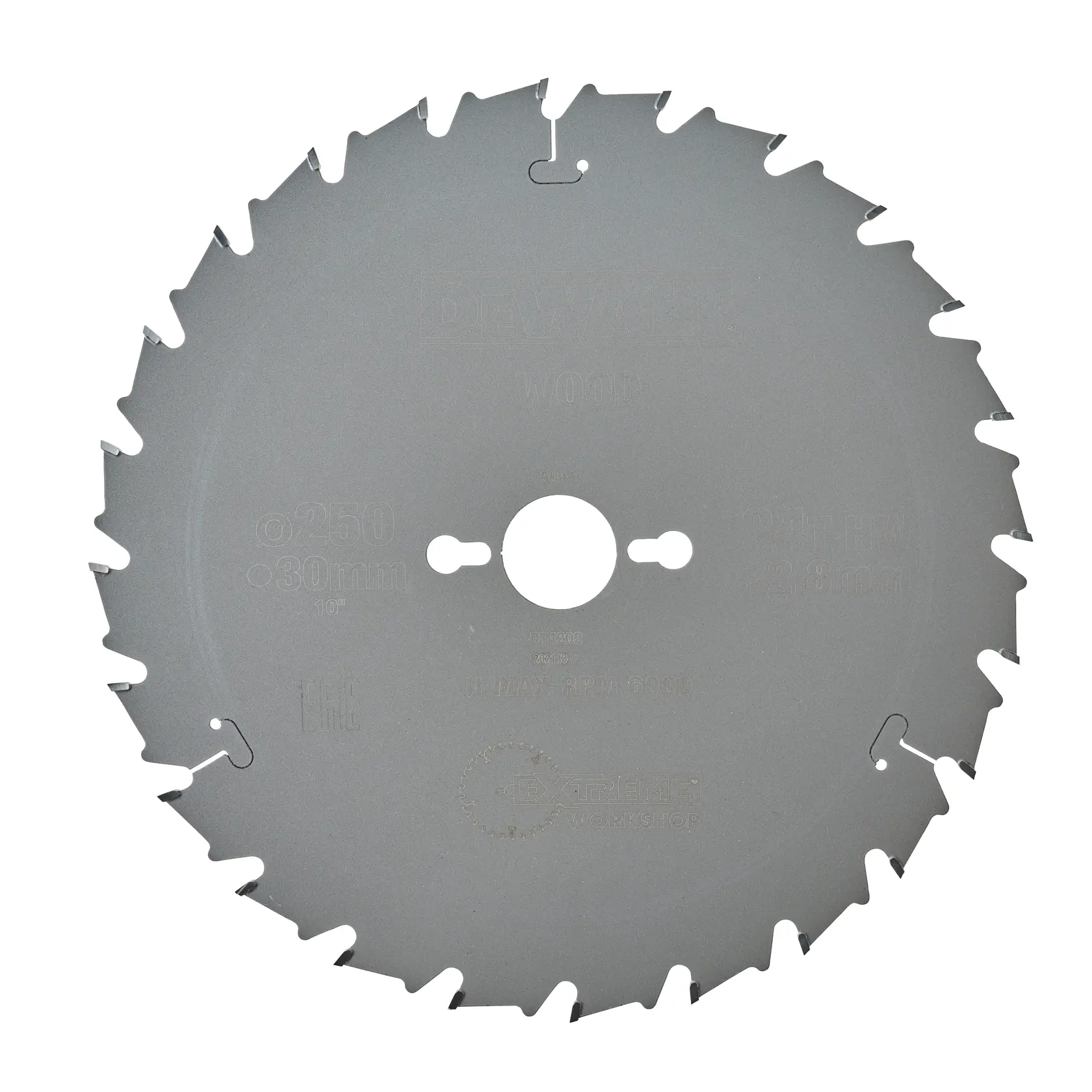 Hoja de sierra circular DEWALT para madera, modelo DT4202, con dientes afilados y un orificio central de montaje.