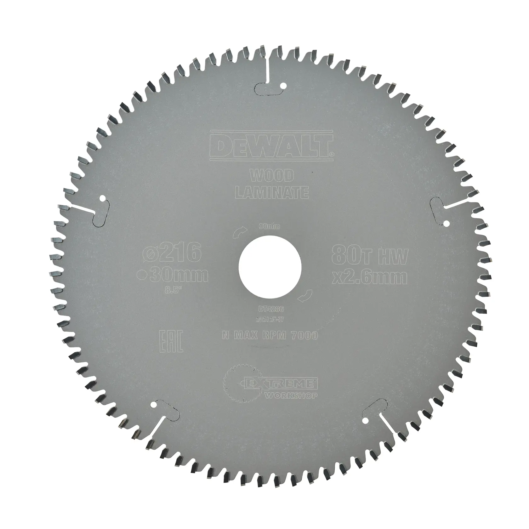 Uma lâmina de serra circular DEWALT projetada para madeira e laminado, com 80 dentes e especificações de 216 mm de diâmetro e furo de eixo de 30 mm.