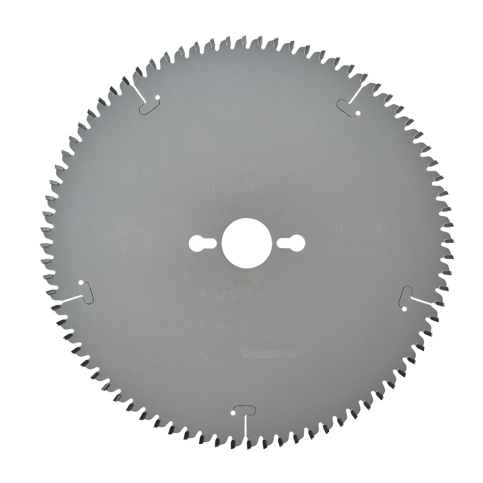 Uma lâmina de serra circular com vários dentes finos e um orifício central para montagem, adequada para cortar madeira ou laminados.