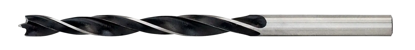 Uma única broca de metal de torção, mostrada na horizontal sobre um fundo branco.