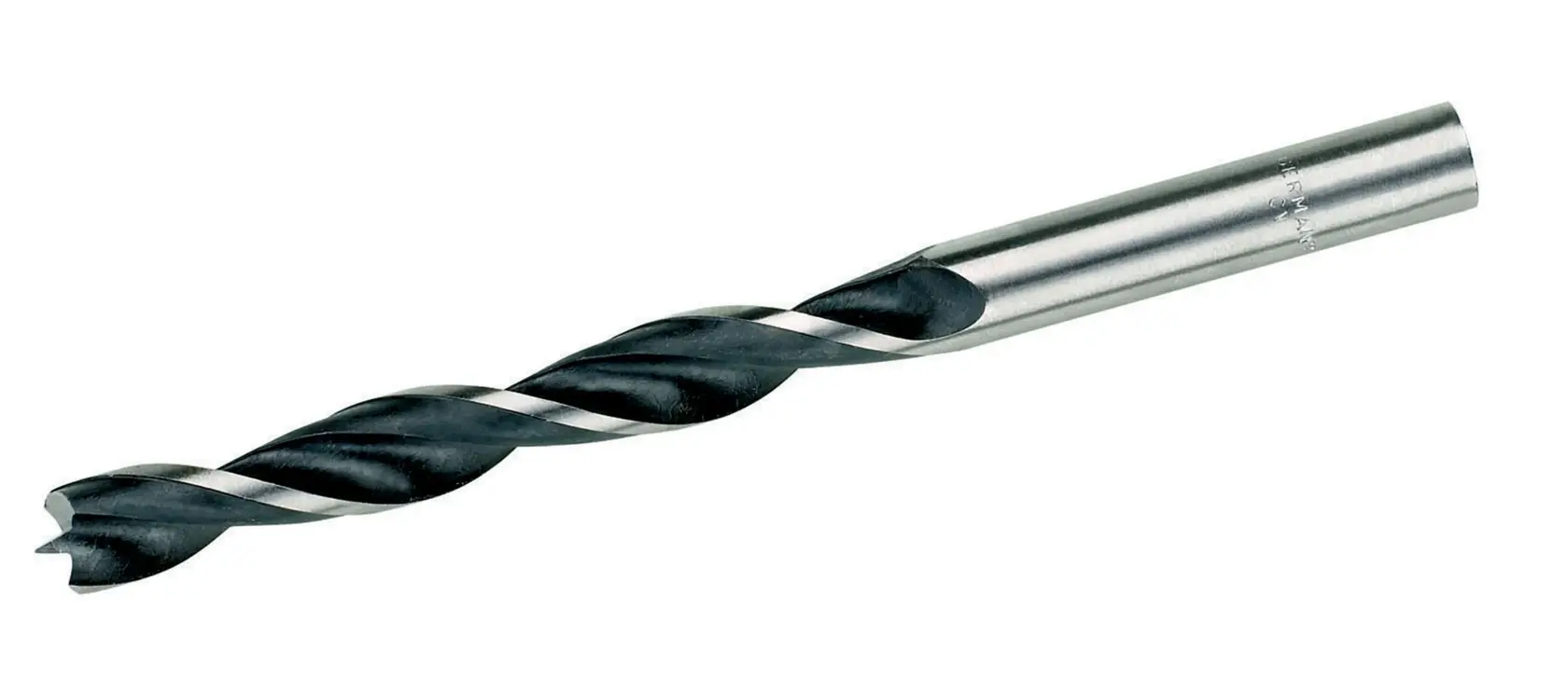 Imagem em close-up de uma broca helicoidal de metal DEWALT com haste cilíndrica, projetada para perfuração de furos em superfícies metálicas. A broca é prateada com uma ranhura espiral escura.