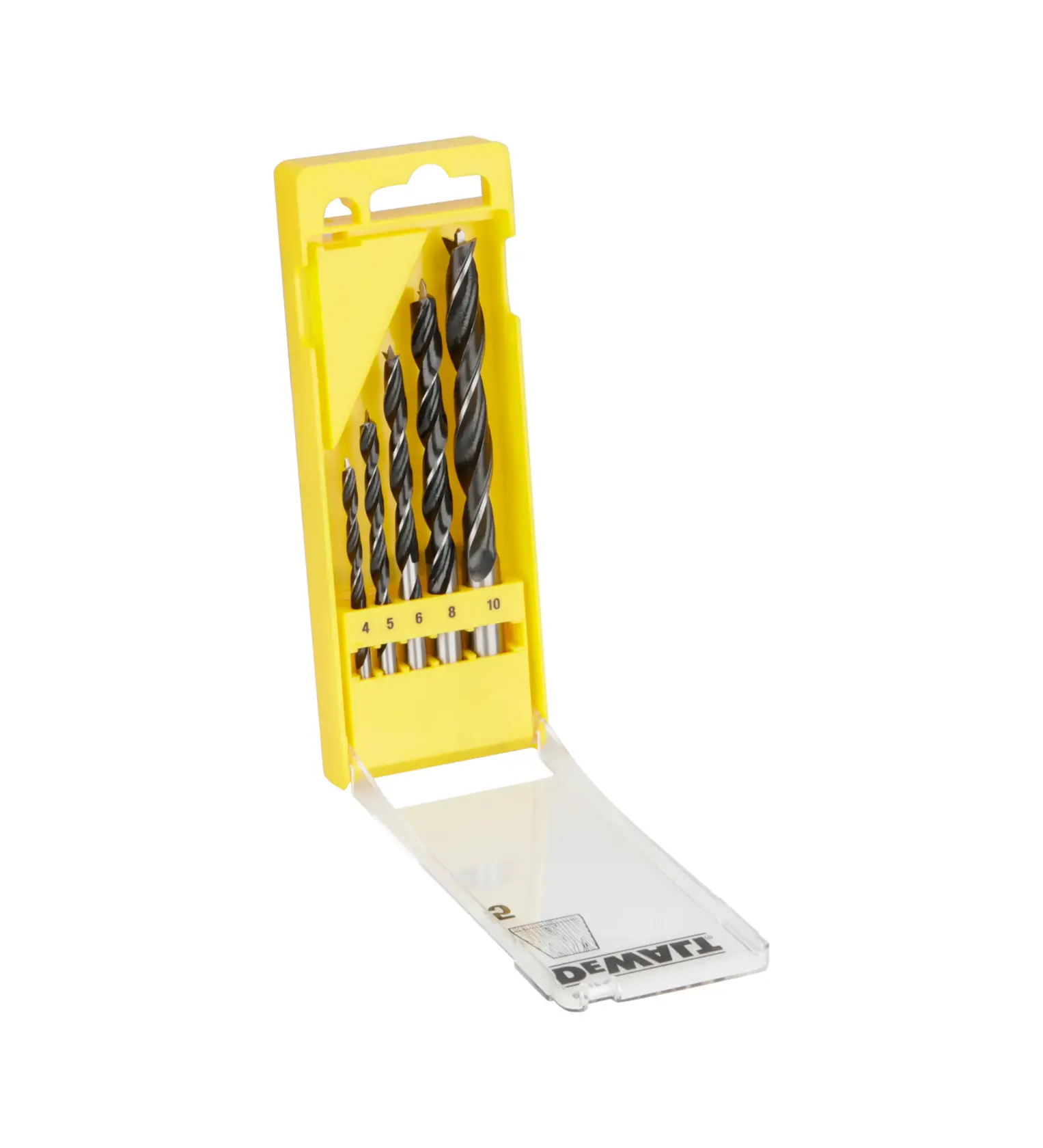 Conjunto de brocas DEWALT em estojo amarelo com cinco tamanhos e tampa transparente aberta.