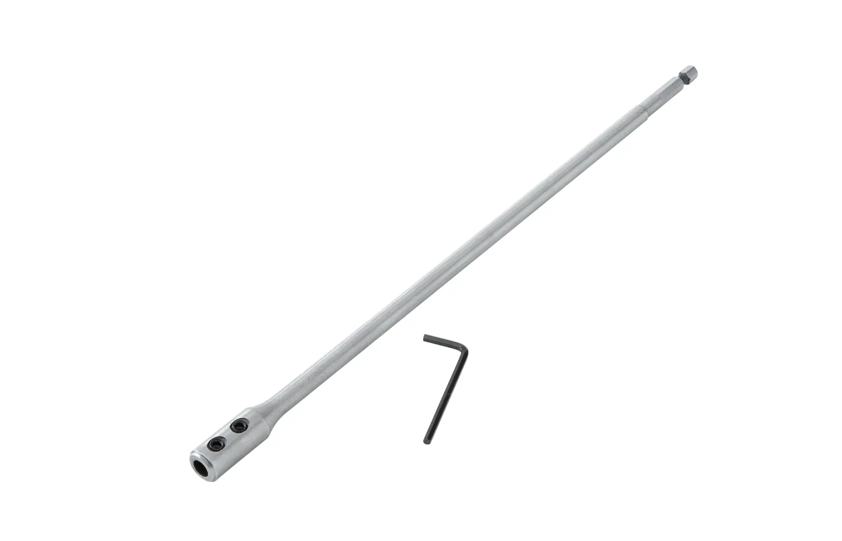 Extensor metálico para furadeira e chave hexagonal em L sobre fundo branco.