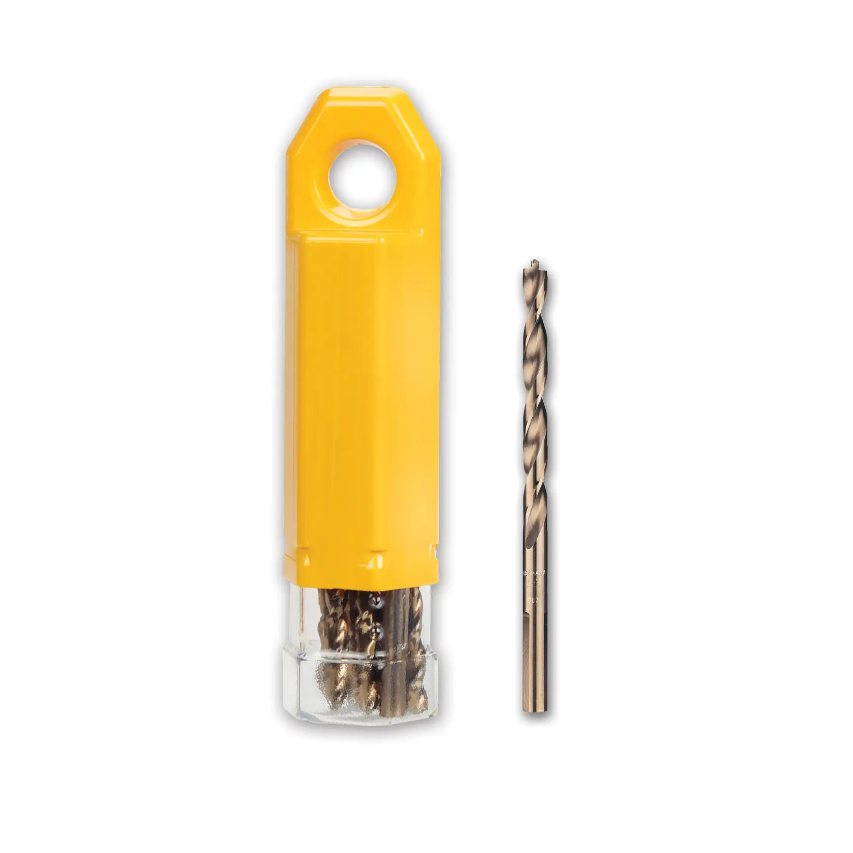 A DEWALT drill bit set in a yellow plastic case is shown next to a single metal drill bit. The case has a clear bottom section and a hanging hole at the top.