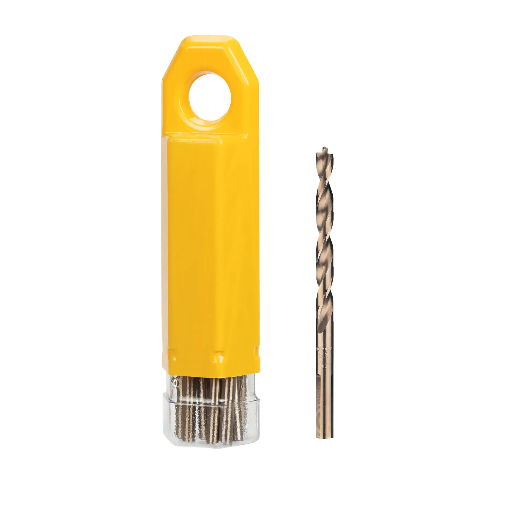 Conjunto de brocas DEWALT com estojo amarelo e uma broca exibida ao lado.