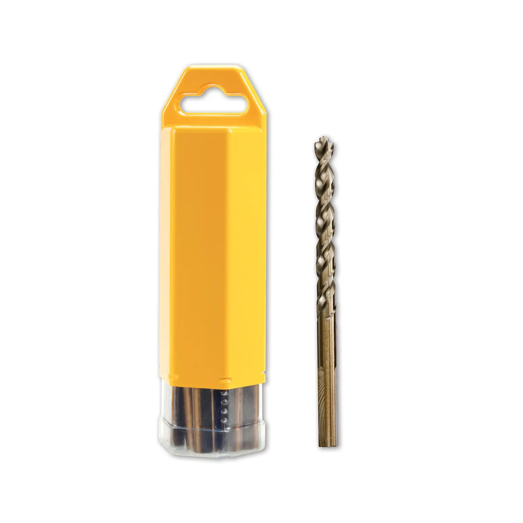 Broca DEWALT junto a su estuche protector amarillo, ambos sobre fondo blanco.