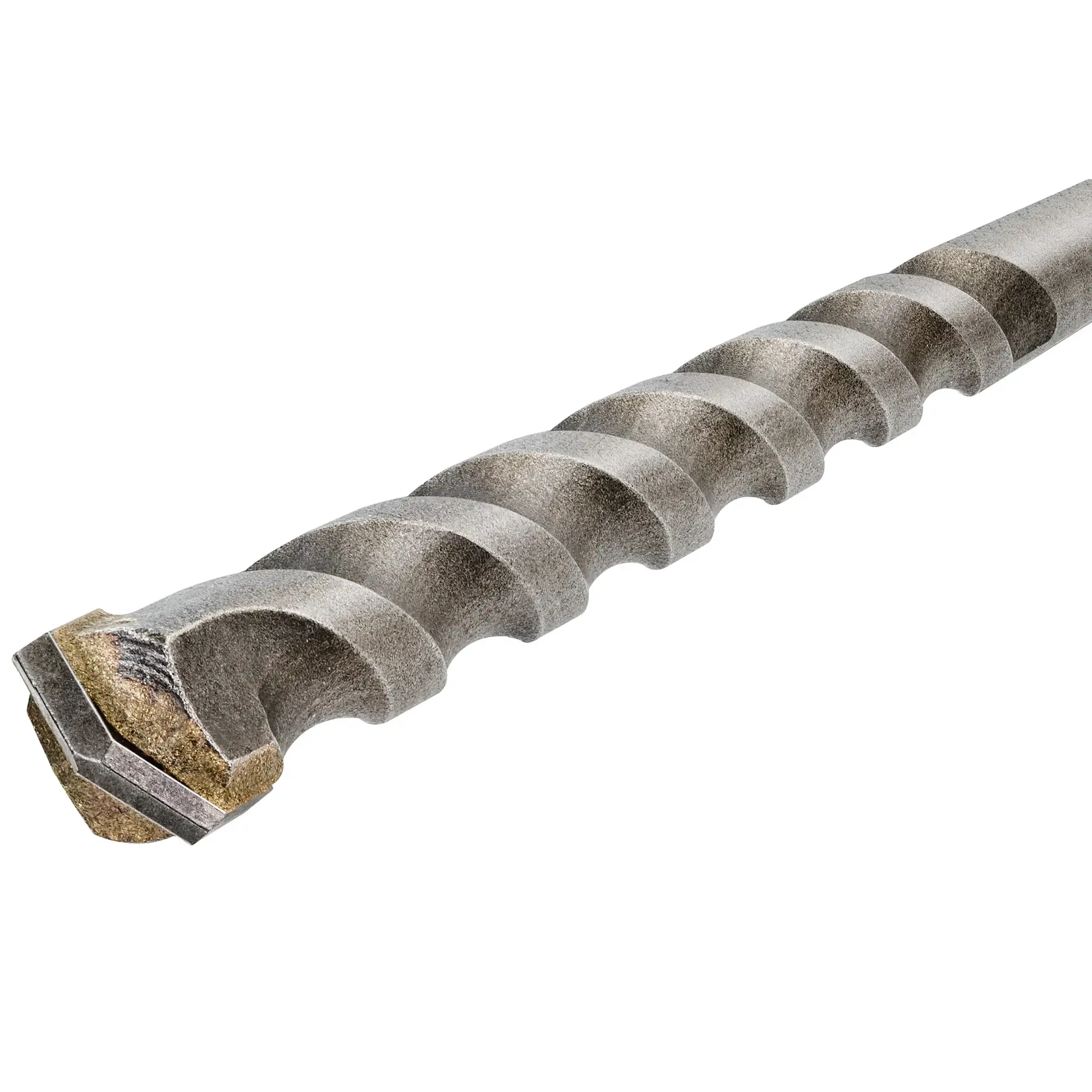 Close-up de broca DEWALT para alvenaria com ranhuras espirais e ponta de carbeto para concreto ou pedra.