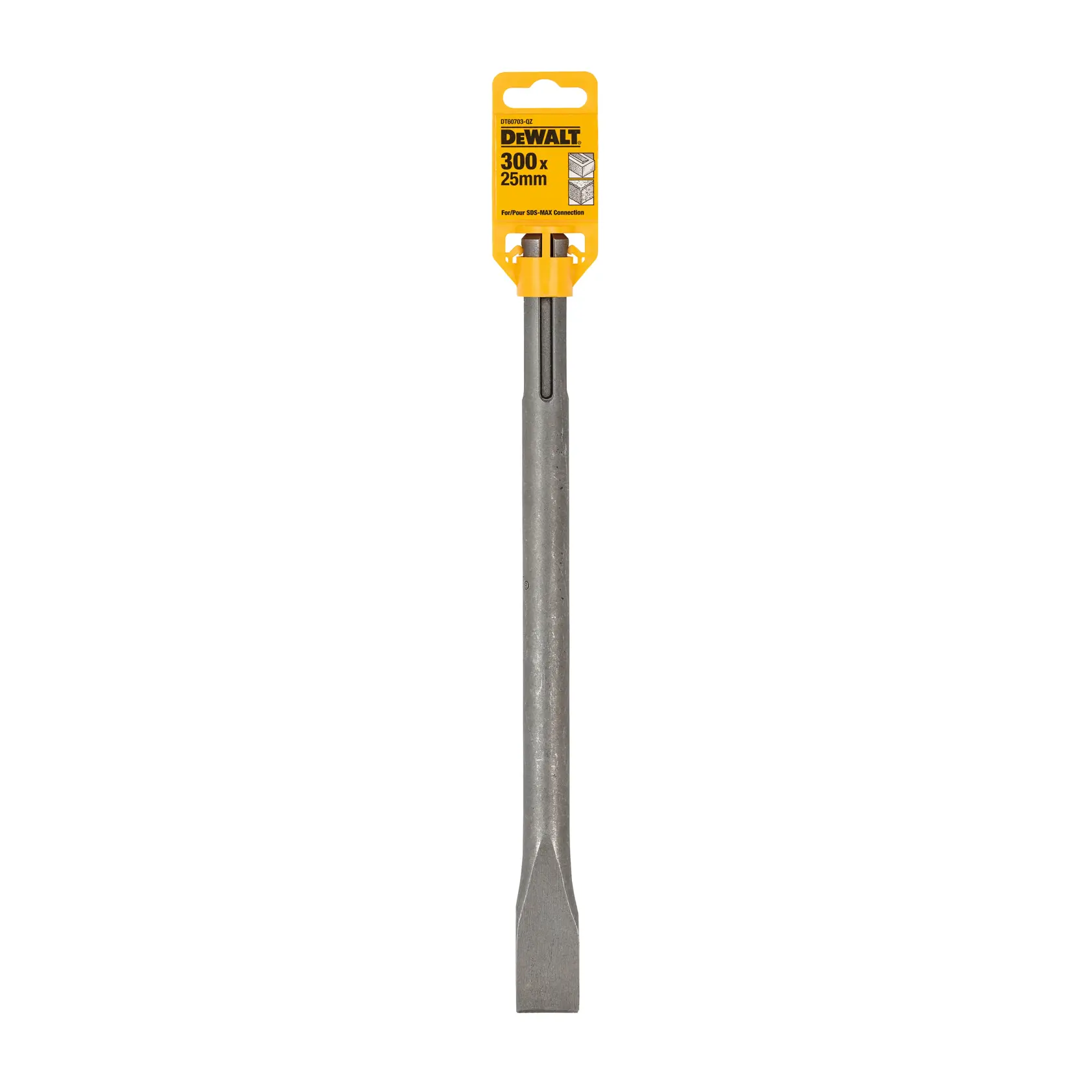 Cinzelo reto DEWALT DT60703 300x25mm, metálico com rótulo amarelo, para SDS MAX, usado em demolição.