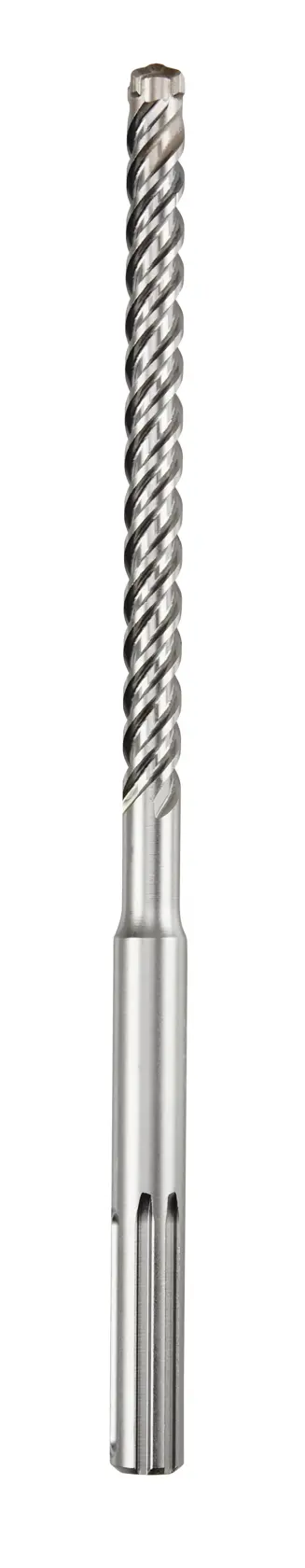 Uma broca de metal DEWALT com design em espiral e haste SDS, apresentada verticalmente em fundo branco.