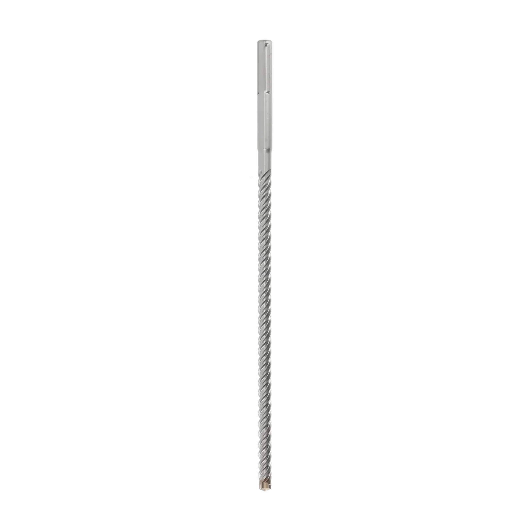 Broca DEWALT SDS-plus longa prateada com ranhuras espirais, mostrada na vertical em fundo branco.