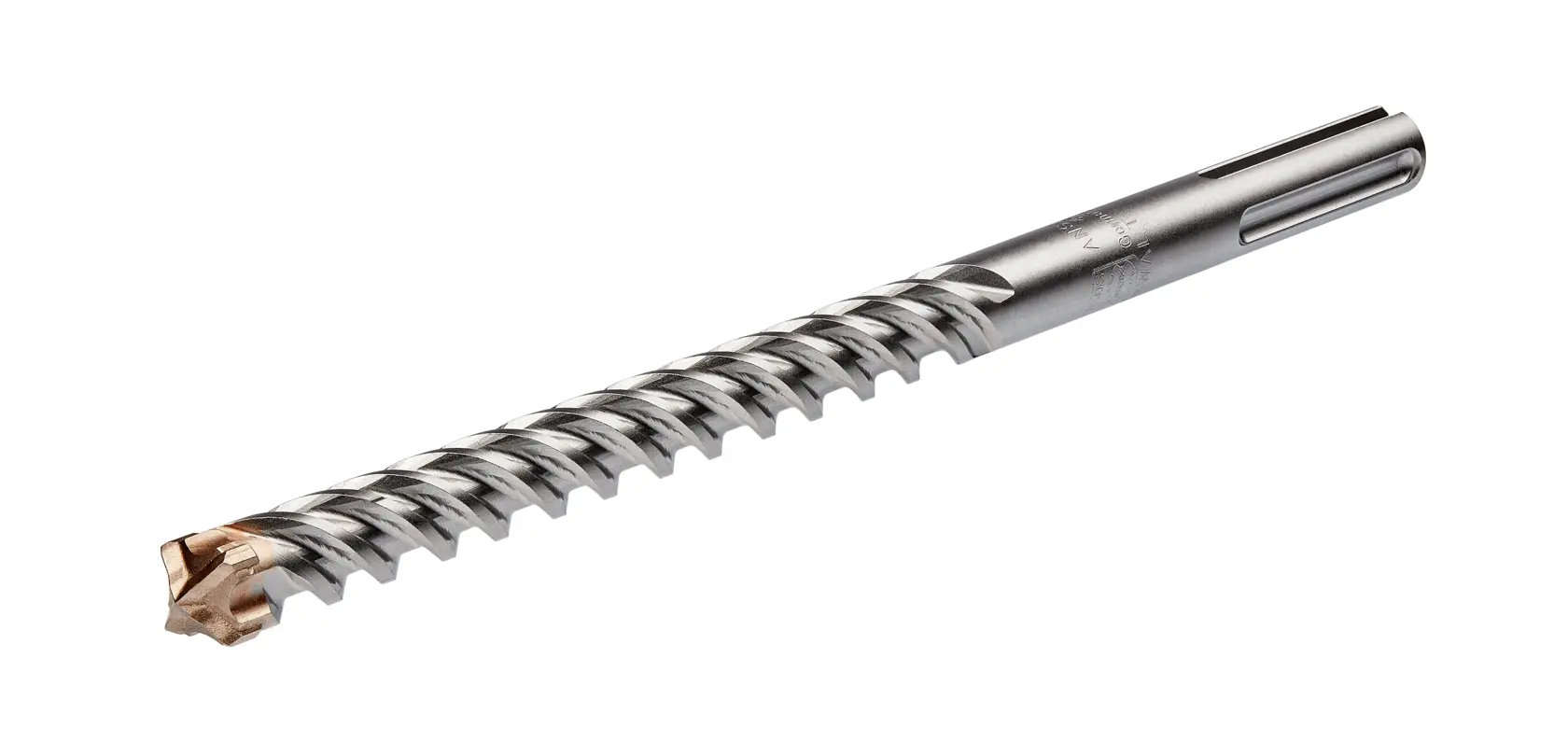 Uma broca de martelo SDS DEWALT com design espiral e ponta de carbeto, usada para perfurar concreto ou alvenaria.
