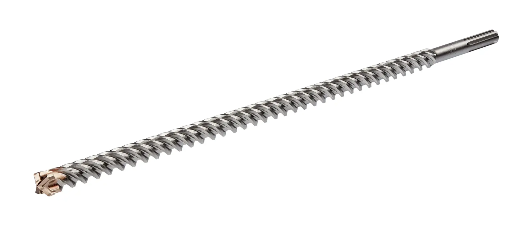 Una broca DEWALT SDS-max con diseño en espiral y punta de carburo, colocada sobre fondo blanco.