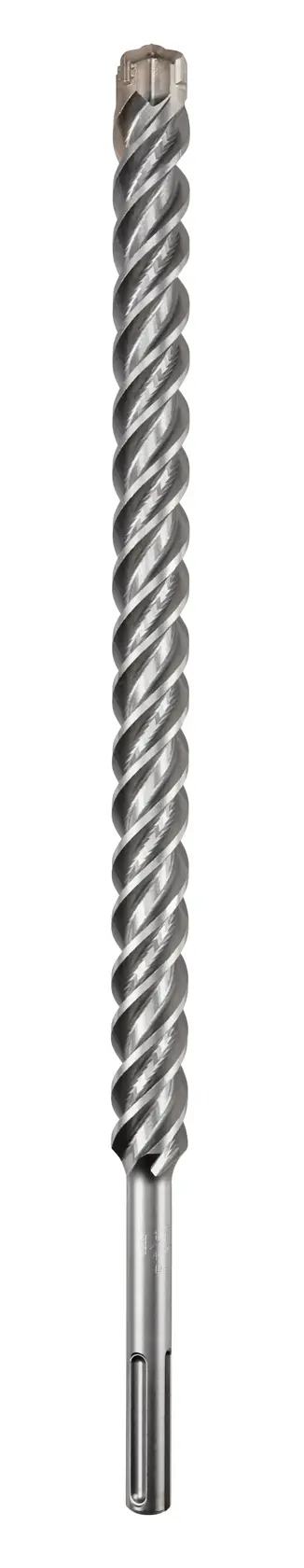 Uma broca de espiral longa, prateada, com encaixe SDS, adequada para perfuração em alvenaria e concreto.
